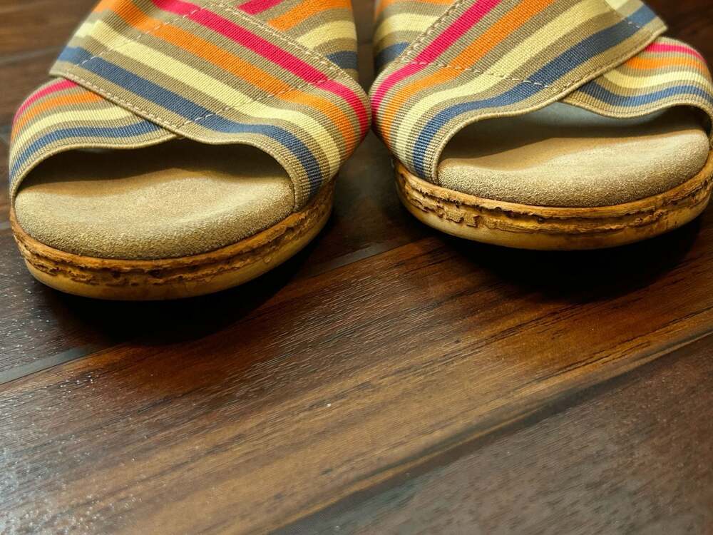Charleston Shoe Co. Atlantic Stripe Elastic Cross-Strap Wedge Sandals Resort - Picture 7 of 15